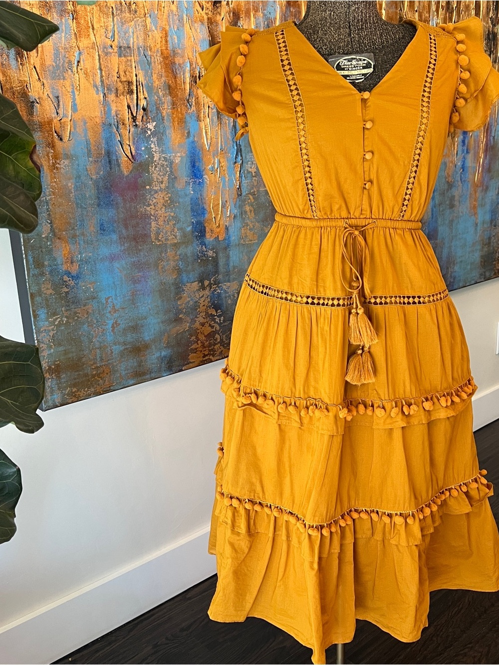 J. Crew Point Sur Mustard Pom-Tassel Tiered Dress for Women